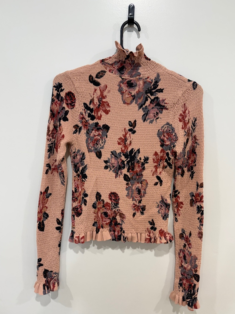 ZARA Floral Ruffle Mock Neck Sweater Top - Blush Pink